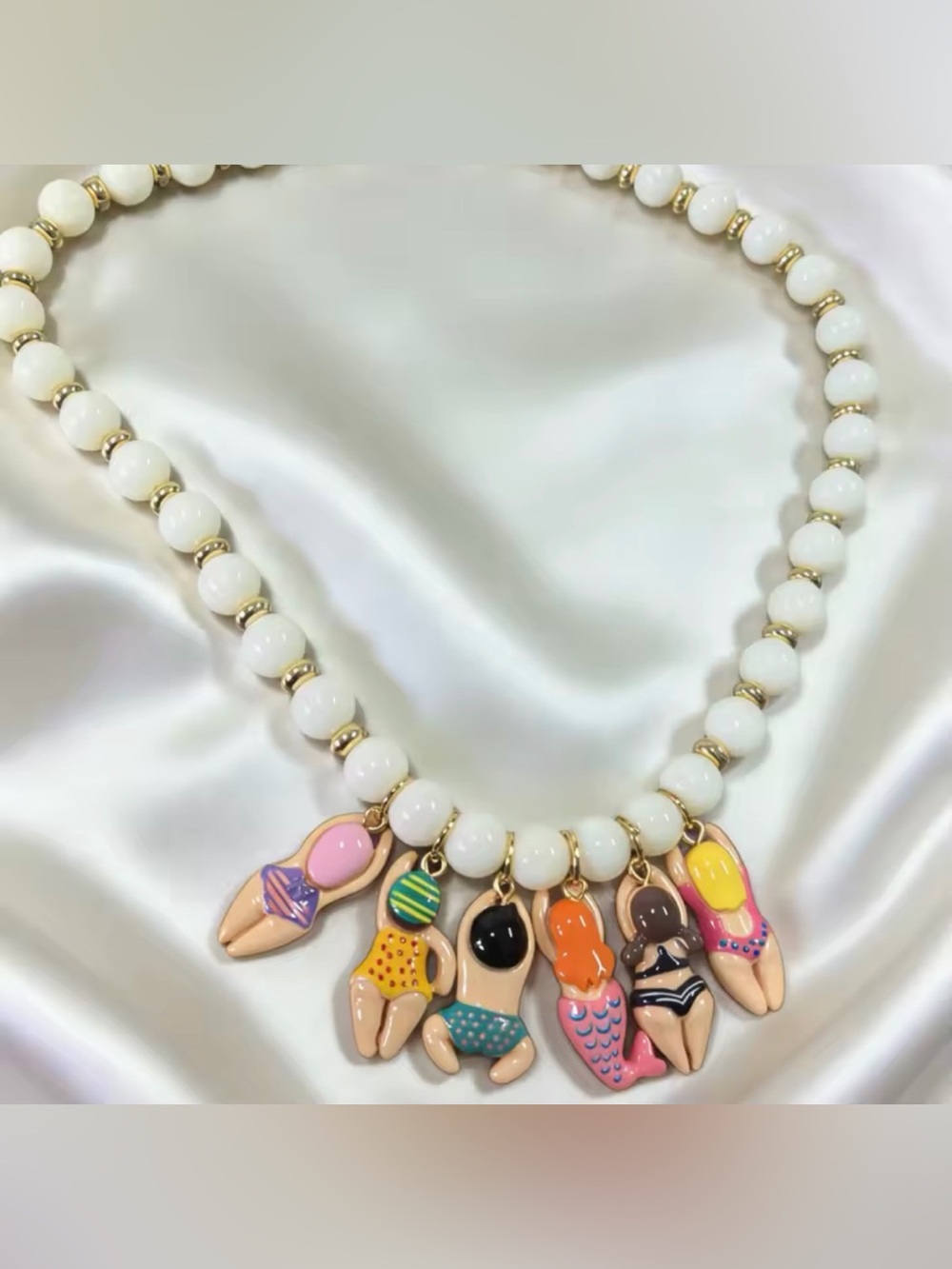 Beach Charm White Beaded Necklace with Colorful Swimsuit Charms